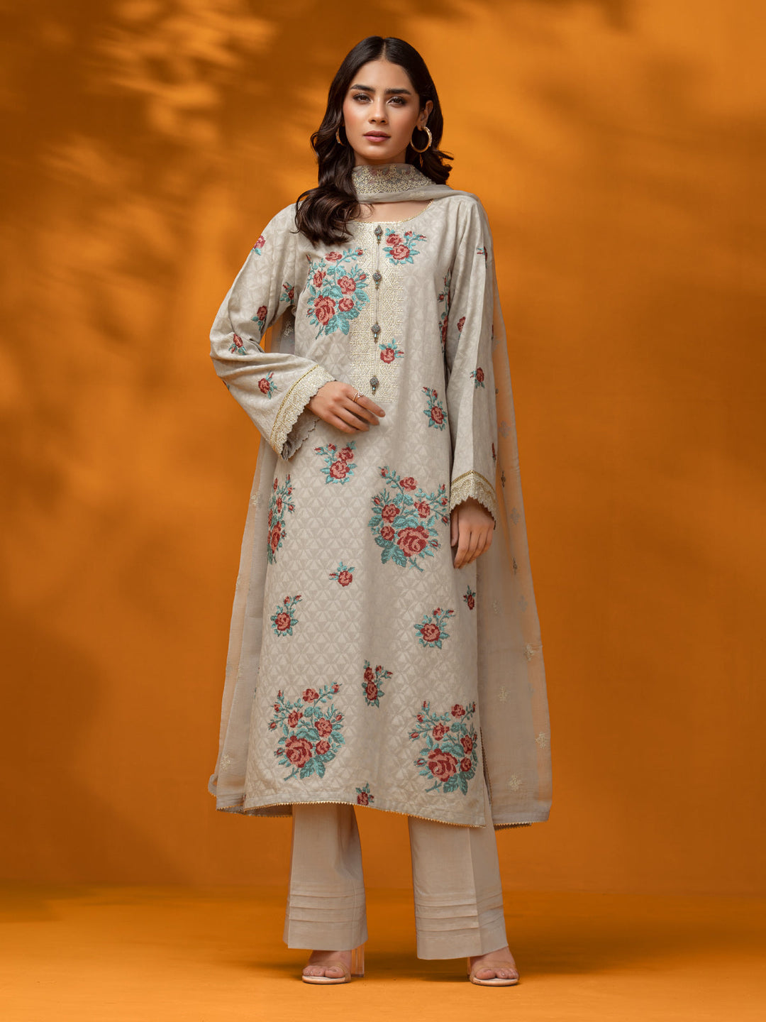 EWU23V7-26625-3P Unstitched Light Beige Embroidered Dobby 3 Piece