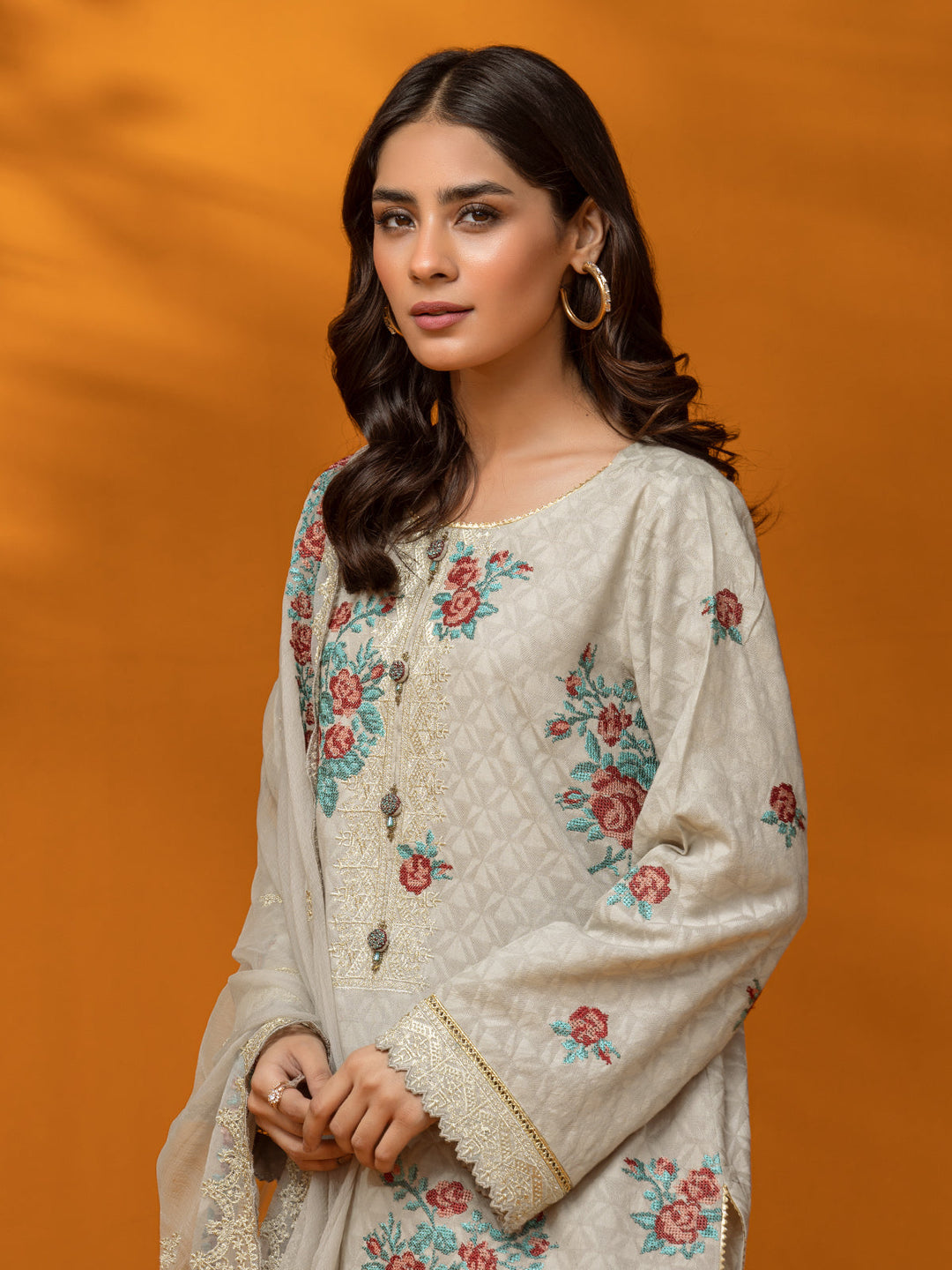 EWU23V7-26625-3P Unstitched Light Beige Embroidered Dobby 3 Piece