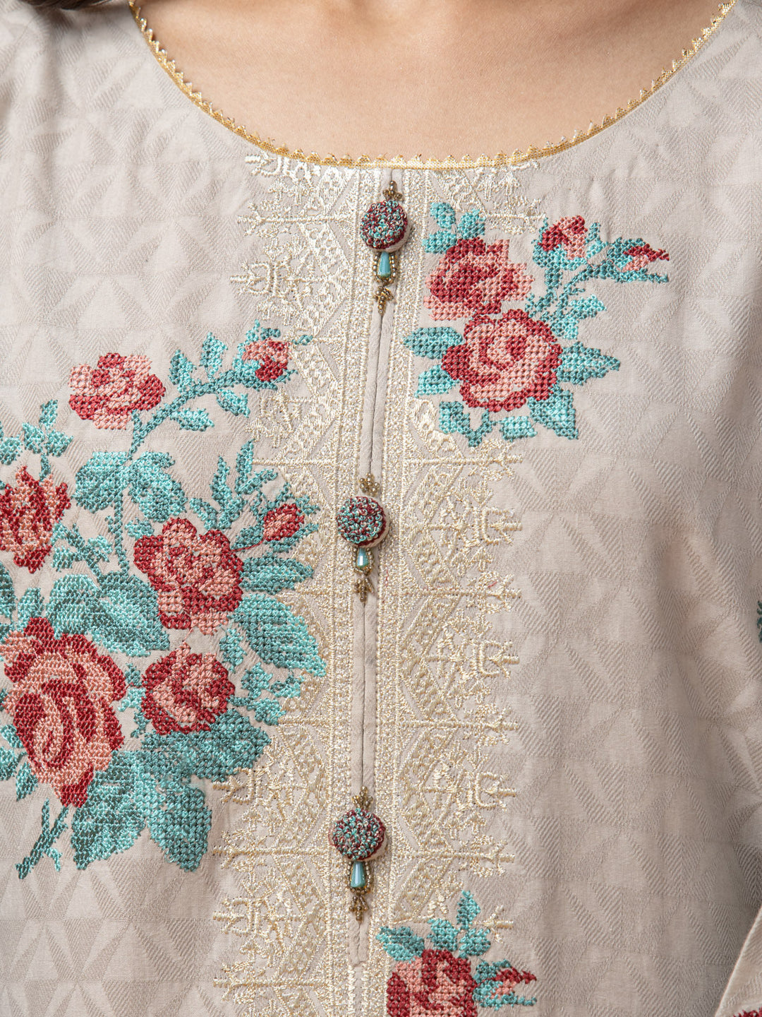 EWU23V7-26625-3P Unstitched Light Beige Embroidered Dobby 3 Piece