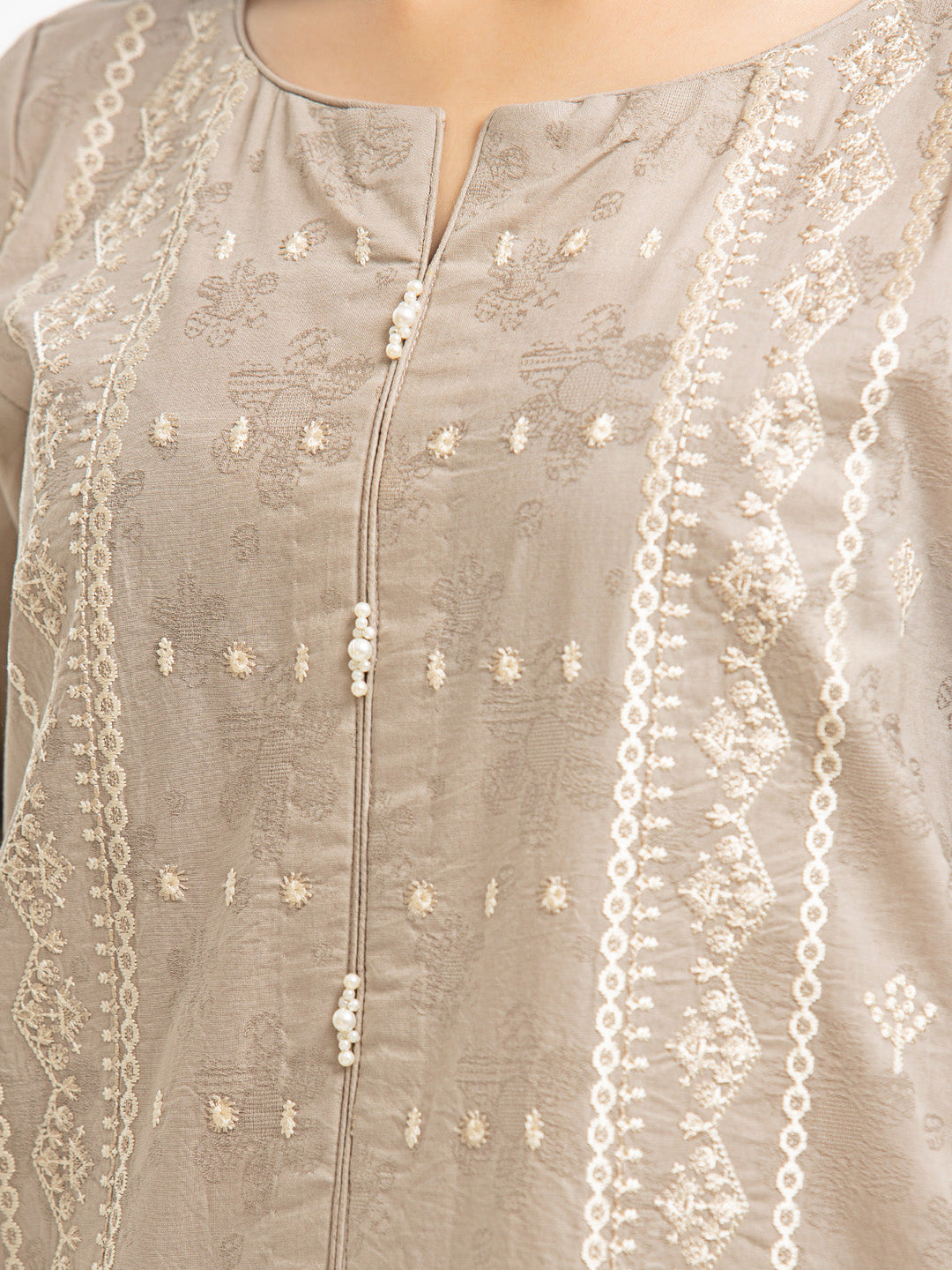 EWU23V7-26737-3P Unstitched Light Coffee Embroidered Dobby 3 Piece