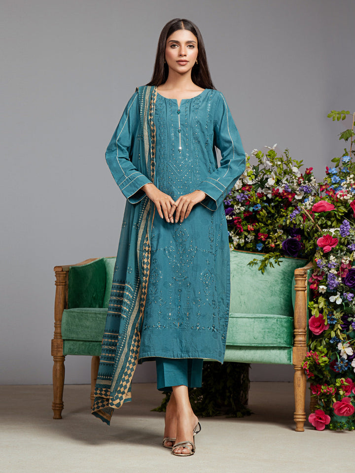 EWU23V7-26738-3P Unstitched Dark Teal Embroidered Dobby 3 Piece