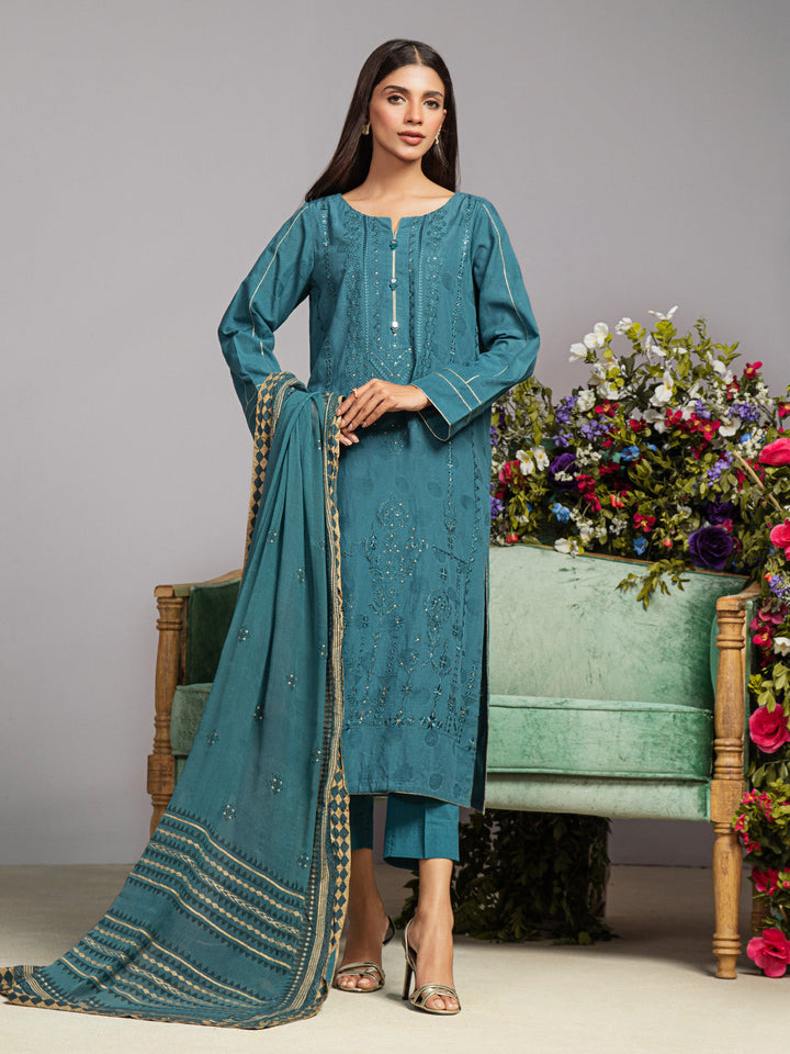 EWU23V7-26738-3P Unstitched Dark Teal Embroidered Dobby 3 Piece