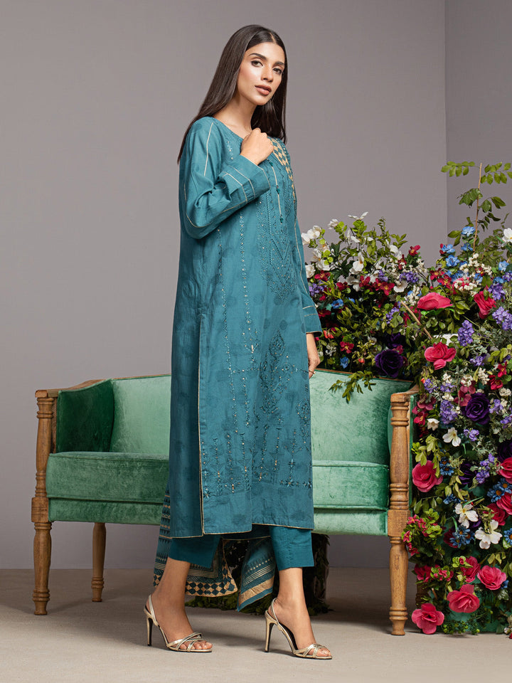 EWU23V7-26738-3P Unstitched Dark Teal Embroidered Dobby 3 Piece