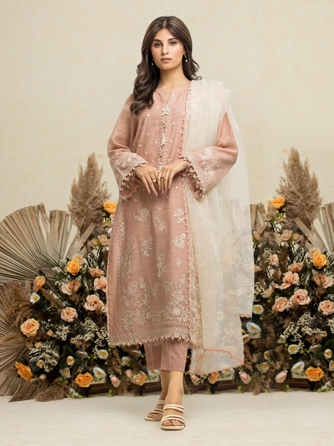 EWU24V6-28735-3P Unstitched Peach Embroidered Chanderi 3 Piece