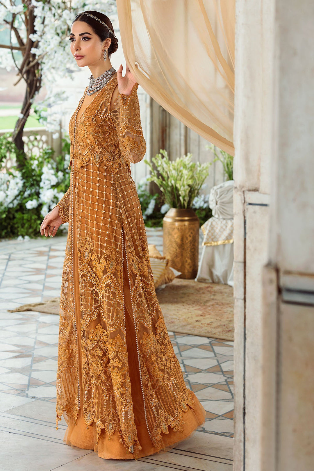 3349-MUSTARD EMBROIDERED SILK NET FABRIC