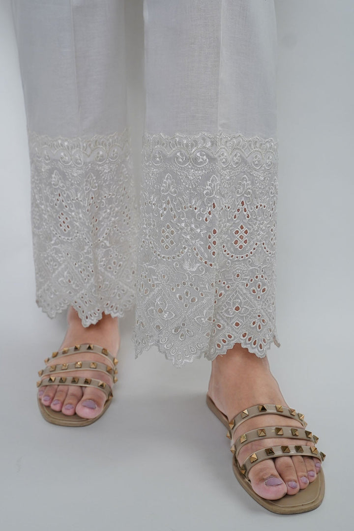 3670-WHITE EMBROIDERED TROUSER STITCHED