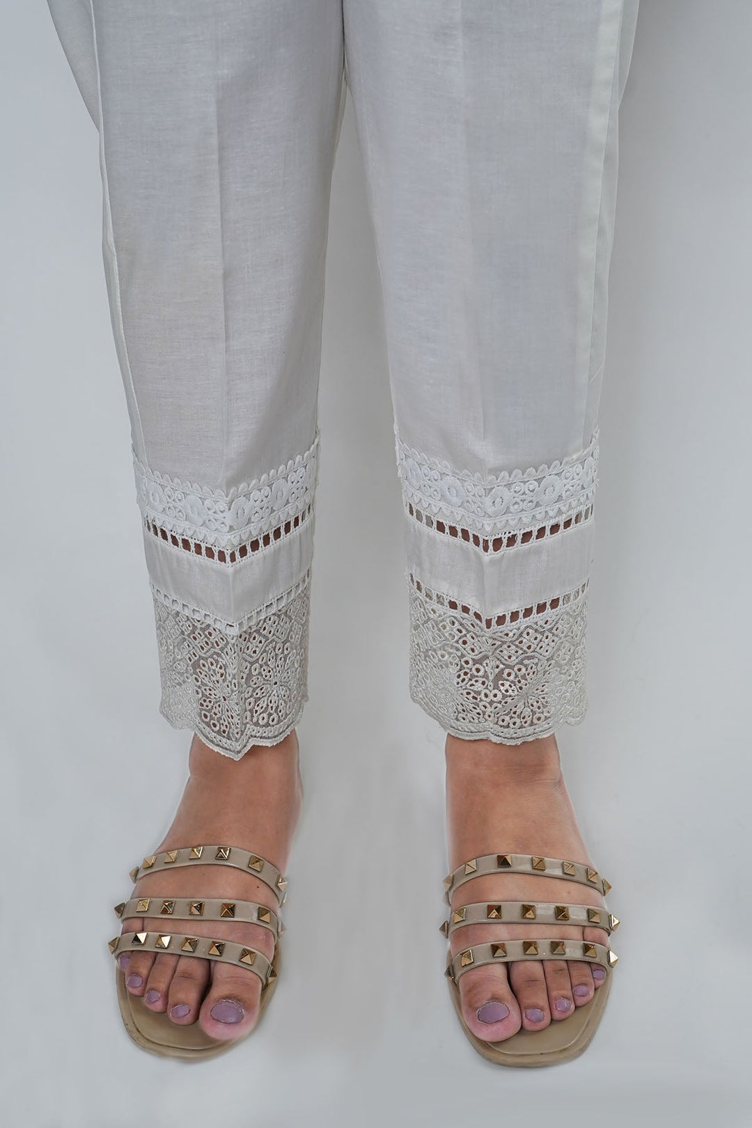 3671-WHITE EMBROIDERED COTTON TROUSER STITCHED