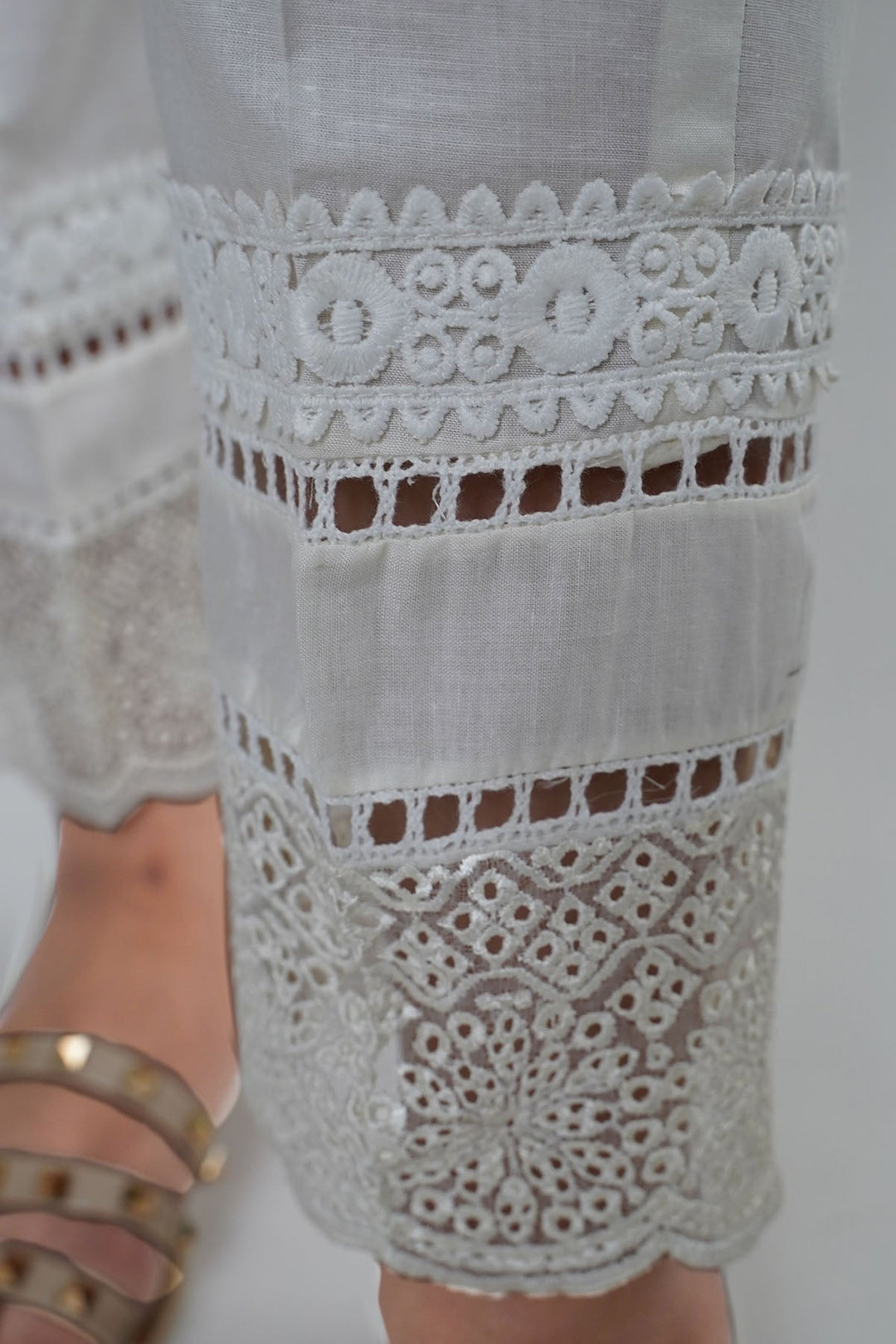 3671-WHITE EMBROIDERED COTTON TROUSER STITCHED