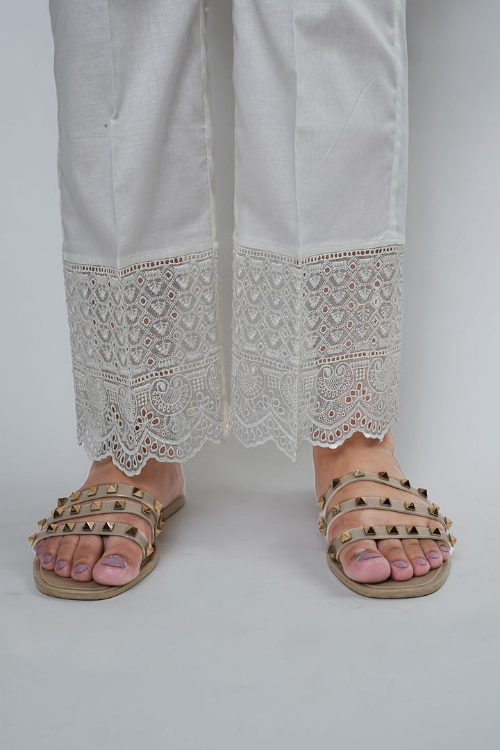 3672-WHITE EMBROIDERED COTTON TROUSER STITCHED