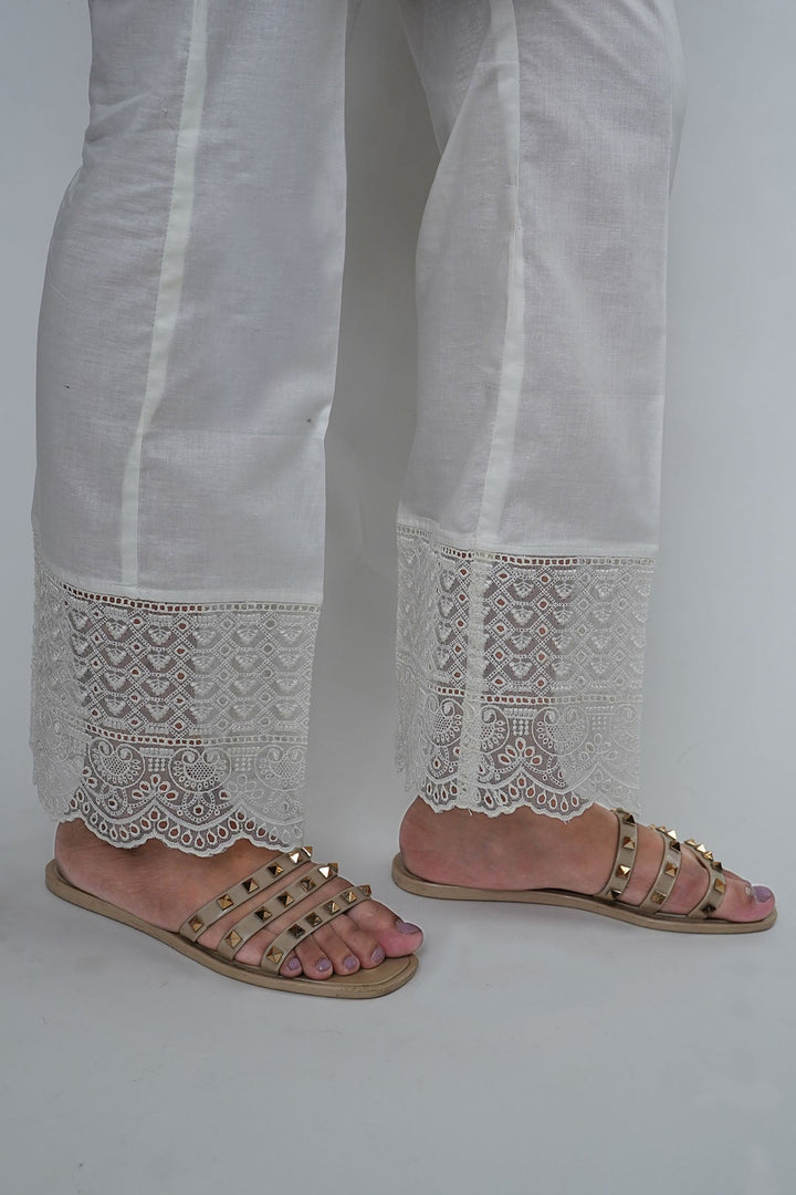 3672-WHITE EMBROIDERED COTTON TROUSER STITCHED