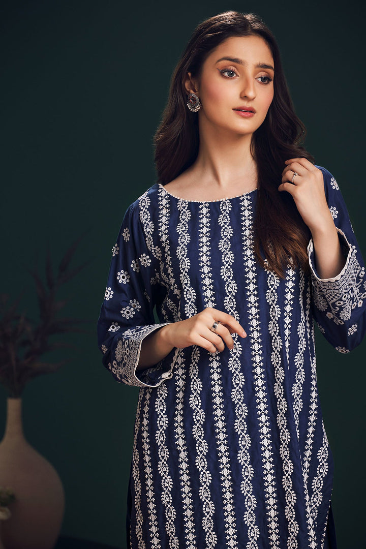 3987-NAVY-BLUE SCHIFFLI EMBROIDERED LAWN STITCHED