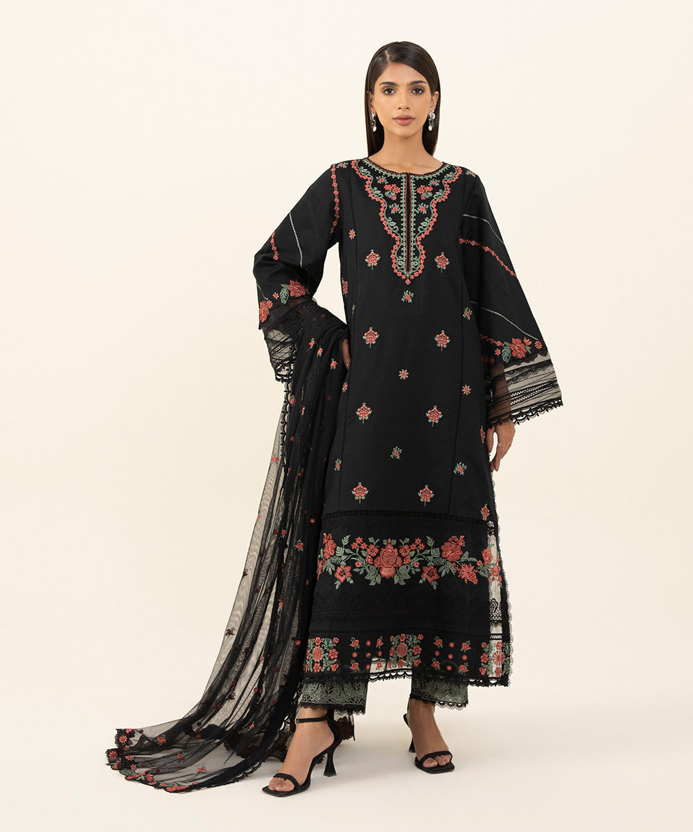 3 Piece - Embroidered Cotton Net Suit