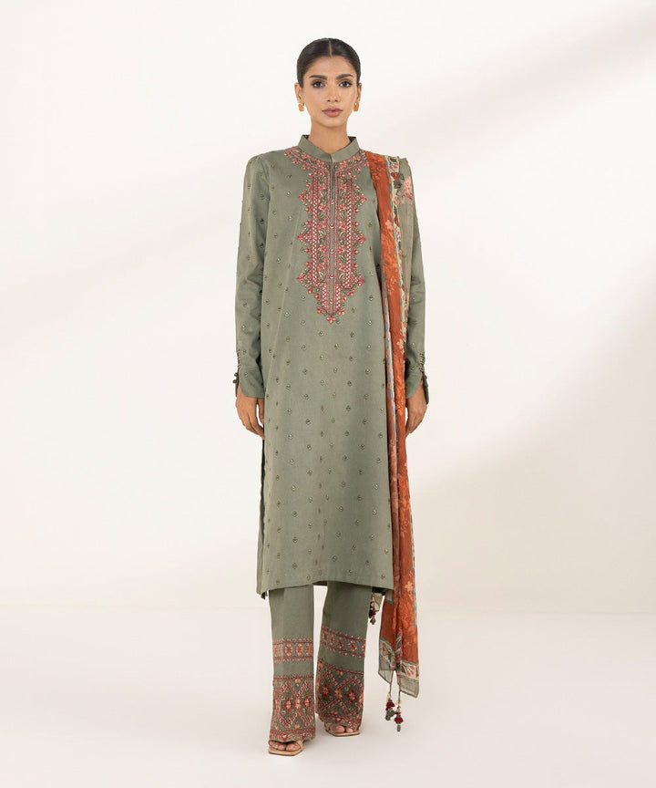 3 Piece - Embroidered Cotton Satin Suit