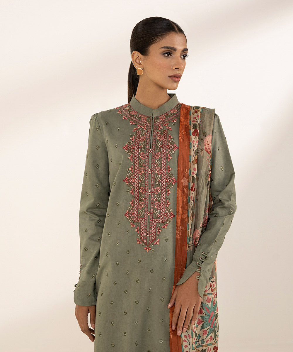 3 Piece - Embroidered Cotton Satin Suit