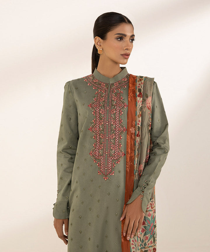 3 Piece - Embroidered Cotton Satin Suit