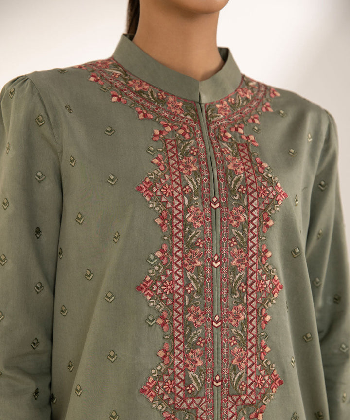 3 Piece - Embroidered Cotton Satin Suit