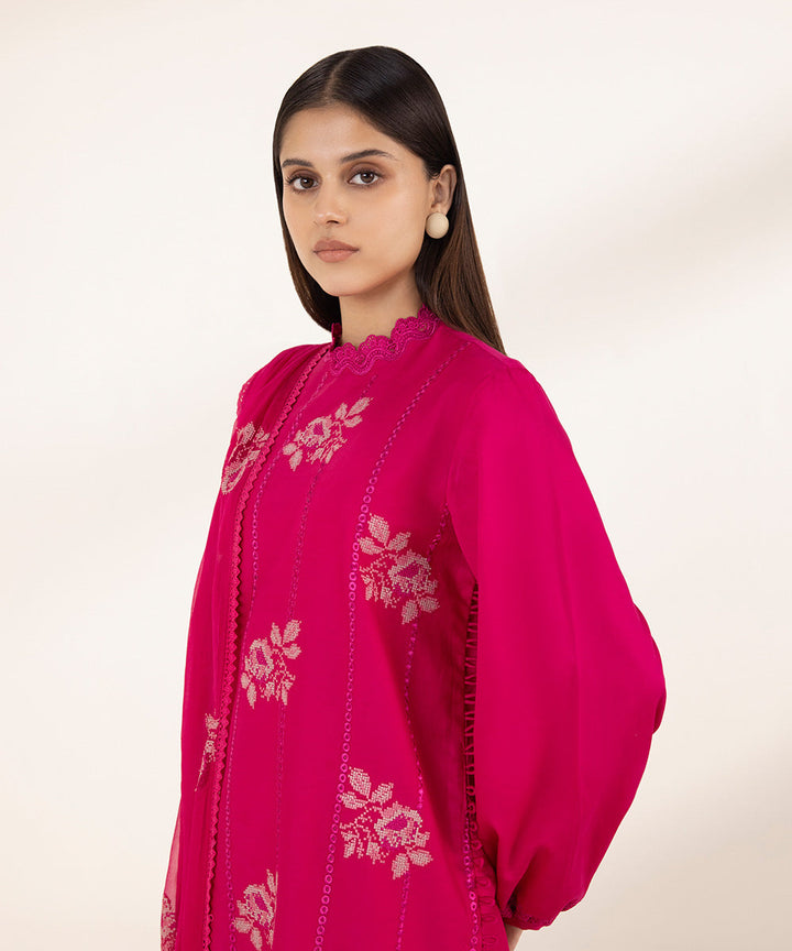 3 Piece - Embroidered Cotton Satin Suit