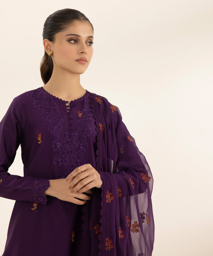 3 Piece - Embroidered Cotton Satin Suit