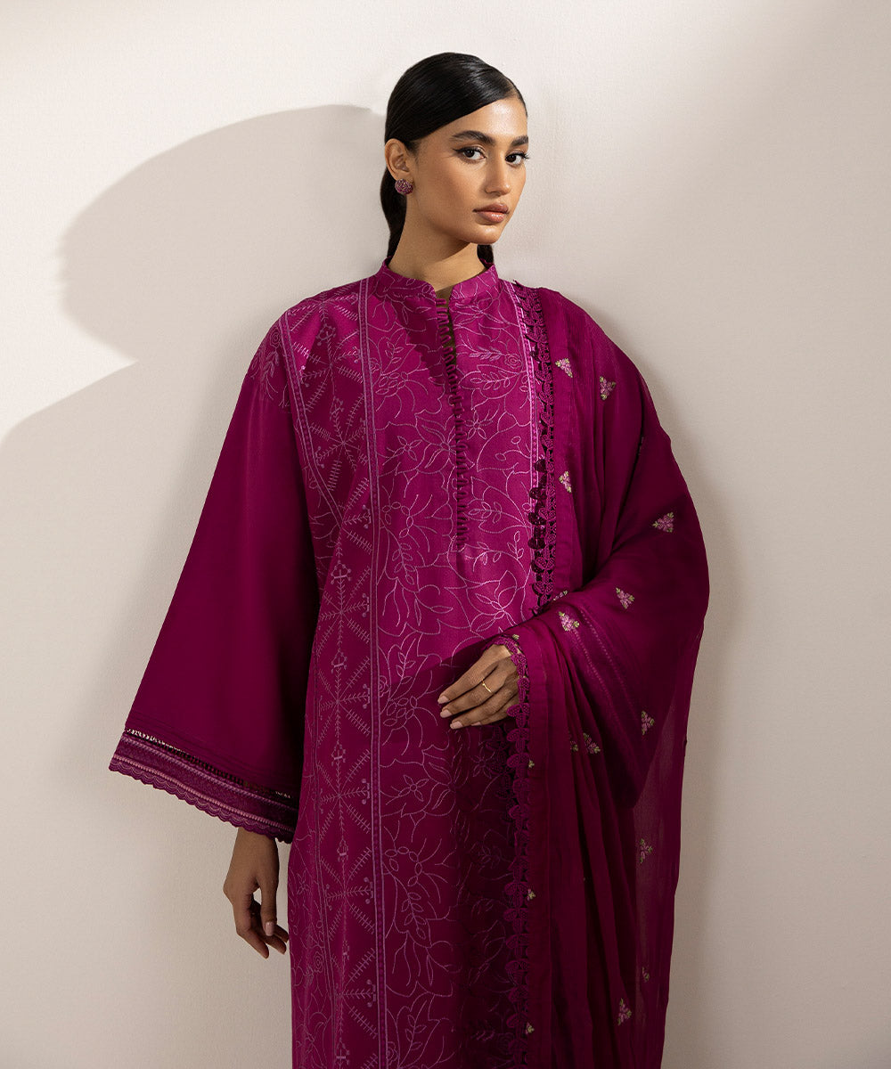 3 Piece - Embroidered Cotton Satin Suit