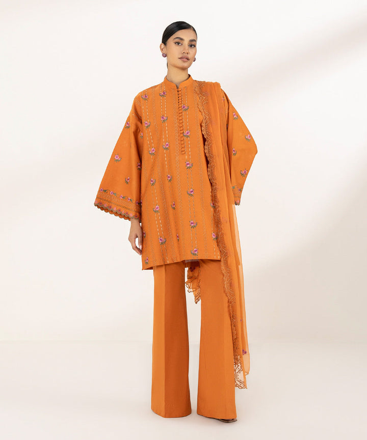 3 Piece - Embroidered Cotton Satin Suit