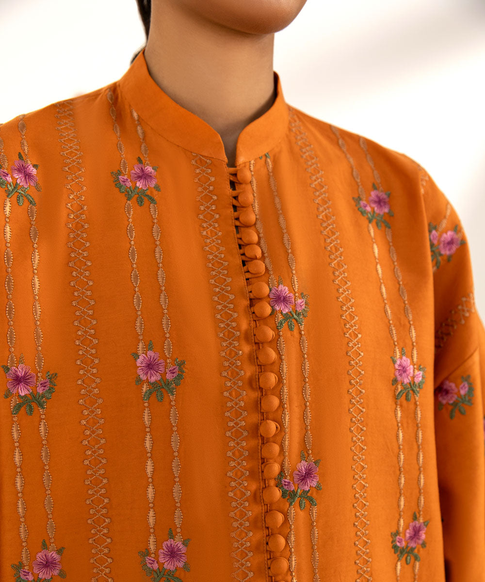 3 Piece - Embroidered Cotton Satin Suit