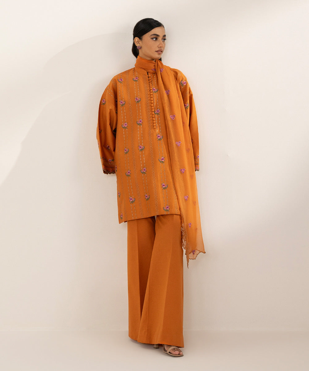 3 Piece - Embroidered Cotton Satin Suit