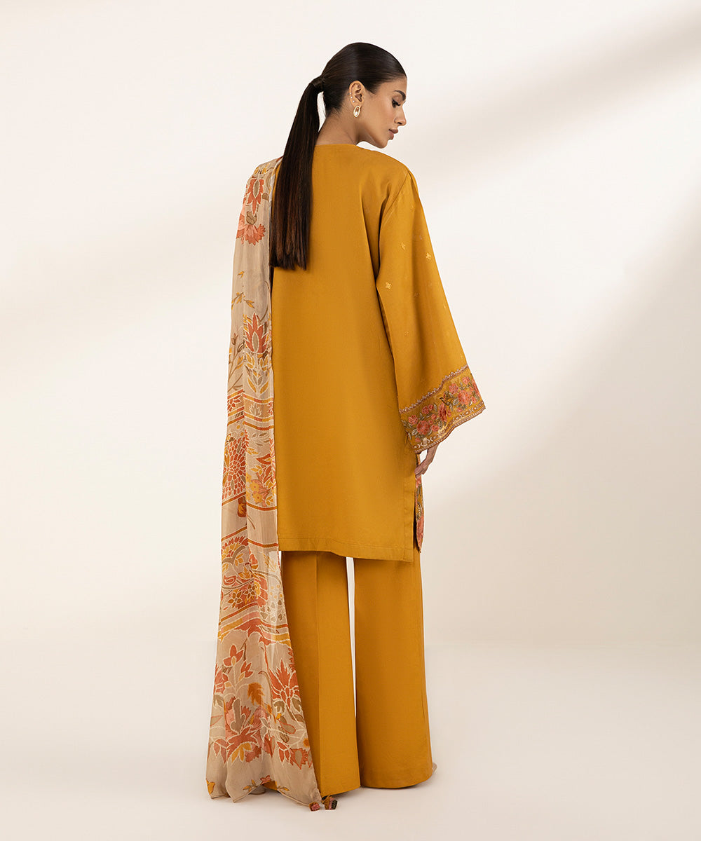 3 Piece - Embroidered Cotton Satin Suit