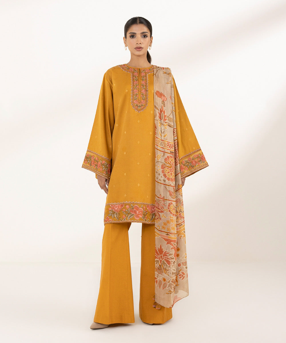 3 Piece - Embroidered Cotton Satin Suit